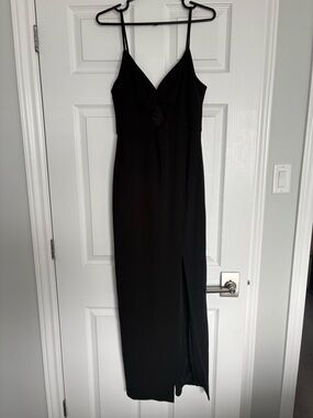 Black Spaghetti-Strap Slip Dress with Front Slit